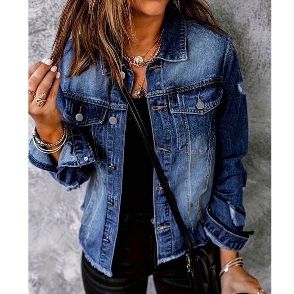 BellanBlue Jackets & Blazers - Medium Wash Distressed Frayed Hem Button Jean Jacket
